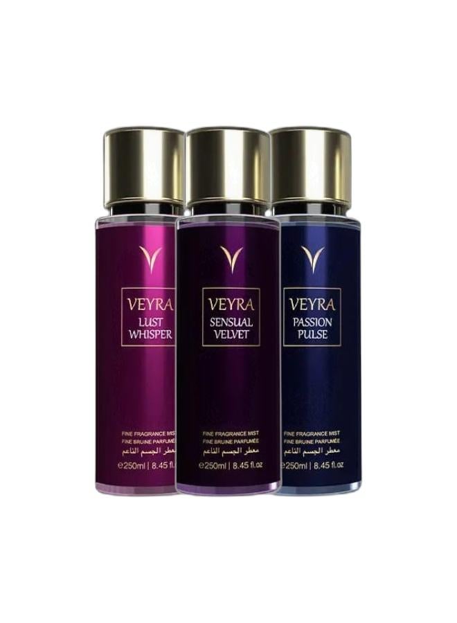VEYRA Sensual Velvet Fine Fragrance Mist, 250ml, Luxurious Body Mist with Earthy Notes & VEYRA Passion Pulse Fine Fragrance Mist, 250g, Long-lasting Body Mist & VEYRA Lust Whisper Fine Fragrance Mist 250ml – Long-Lasting Body Mist for Women & Men with Fruity & Floral Notes | Lightweight Daily Perfume Spray | Paraben-Free | Elegant Bottle for Travel or Vanity Bundle - Image 1